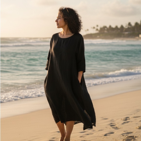 CP Shades Dresses & Skirts - CP Shades 100% Linen Black Laganlook Oversized Pocket Long Sleeve Cooling Dress